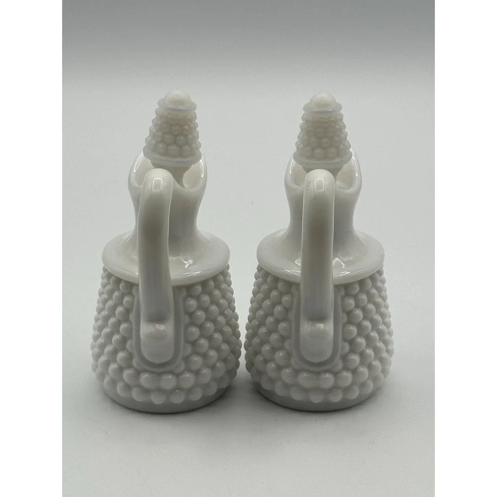 Vintage Fenton Milk Glass Hobnail Cruet Set-Oil Vinegar Bottles with Stoppers